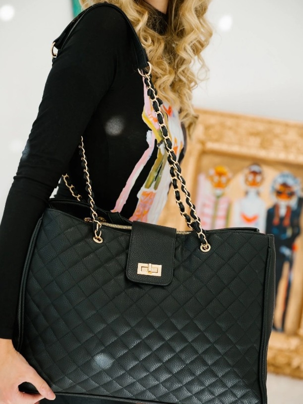 Quilted Black Chain Handle Tote Bag Quilted Caviar Vegan Leather Laptop Travel